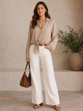 NT Made in Italy Silk Blend Blouse L Taupe Button Tie Front Boho Quiet Luxury
